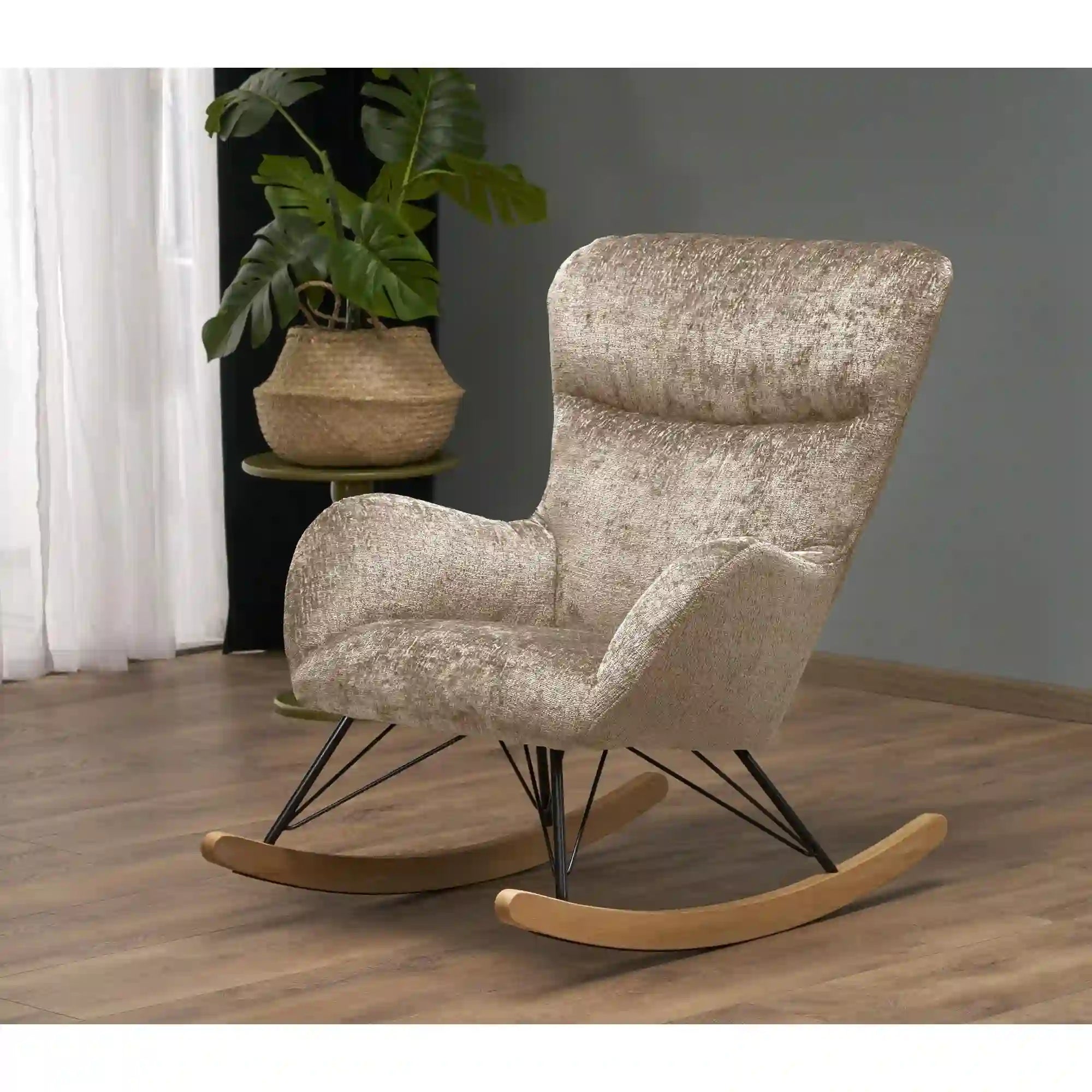 Fotoliu balansoar CASTRO, bej/negru/stejar, stofa catifelata/metal/lemn, 77x106x92 cm