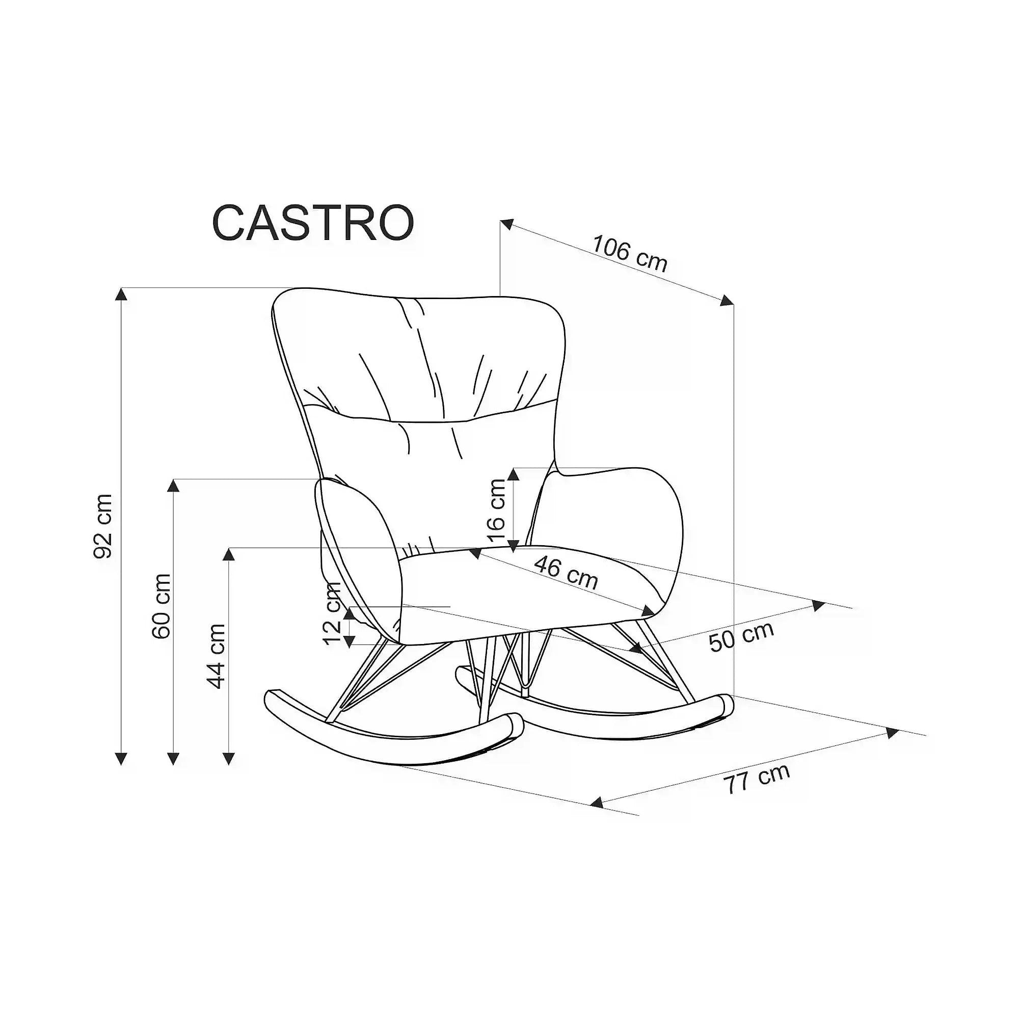 Fotoliu balansoar CASTRO, gri/negru/stejar, stofa catifelata/metal/lemn, 77x106x92 cm
