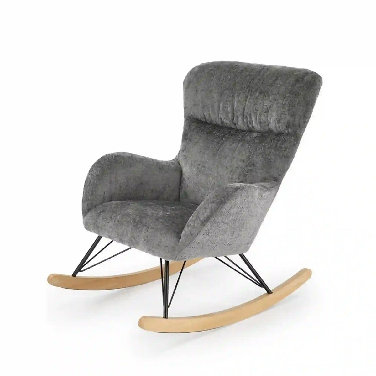 Fotoliu balansoar CASTRO, gri/negru/stejar, stofa catifelata/metal/lemn, 77x106x92 cm