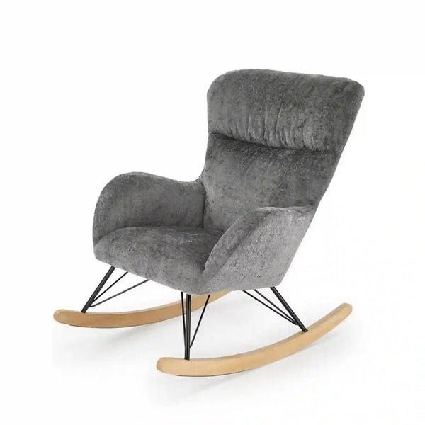 Fotoliu balansoar CASTRO, gri/negru/stejar, stofa catifelata/metal/lemn, 77x106x92 cm