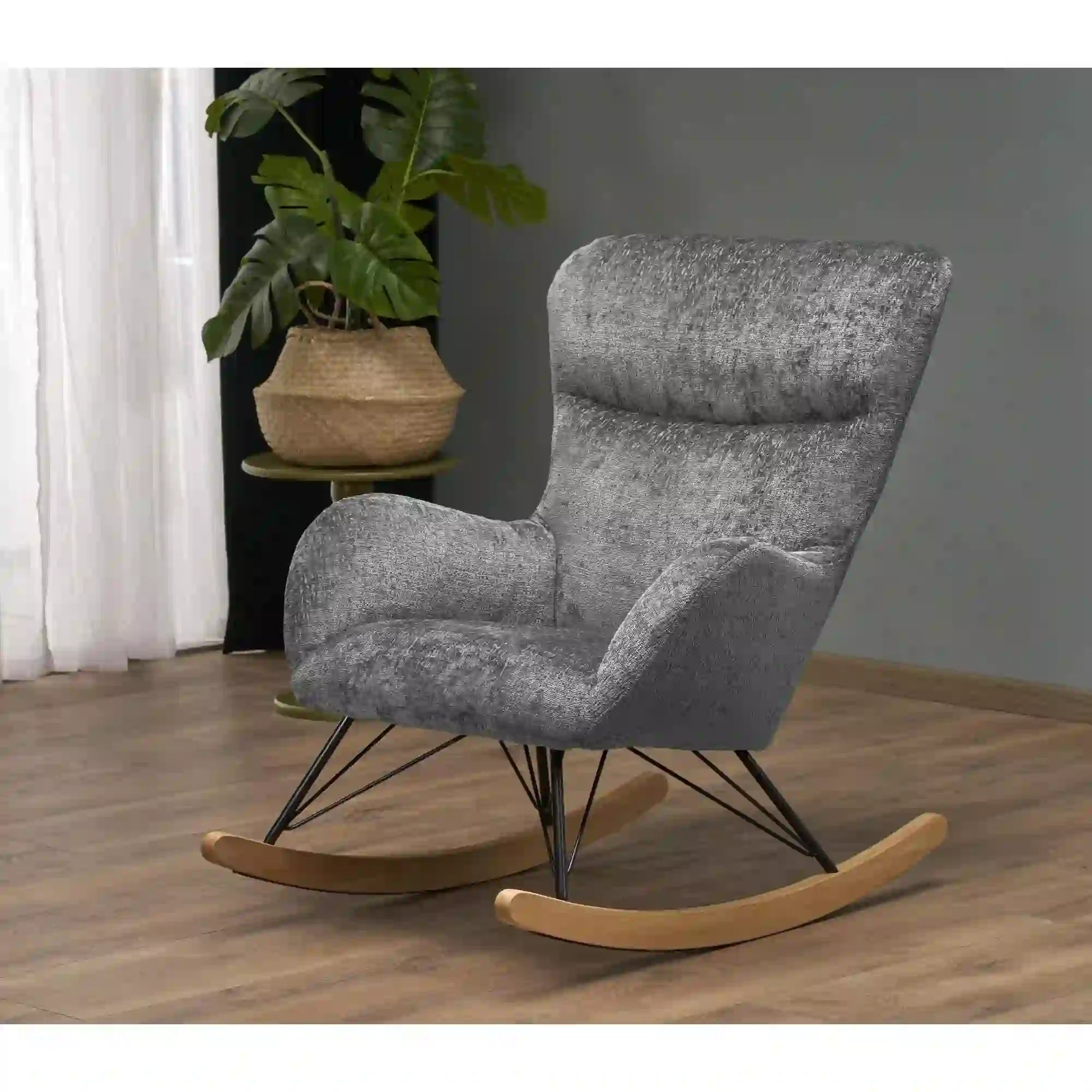 Fotoliu balansoar CASTRO, gri/negru/stejar, stofa catifelata/metal/lemn, 77x106x92 cm