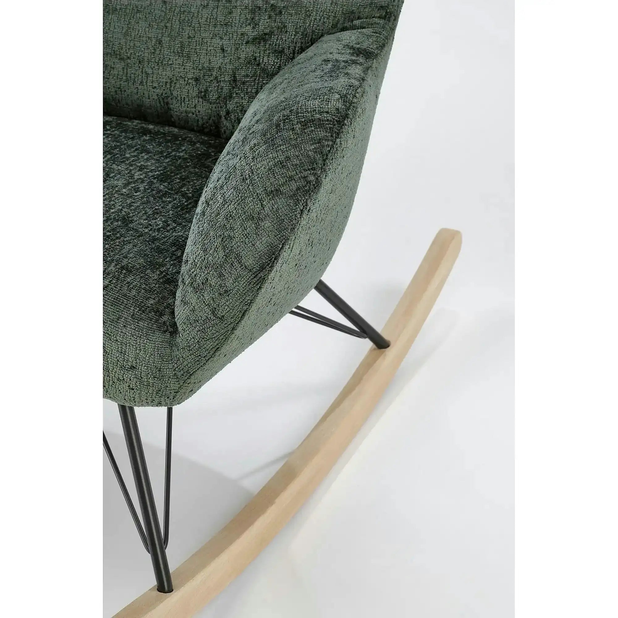 Fotoliu balansoar CASTRO, verde/negru/stejar, stofa catifelata/metal/lemn, 77x106x92 cm