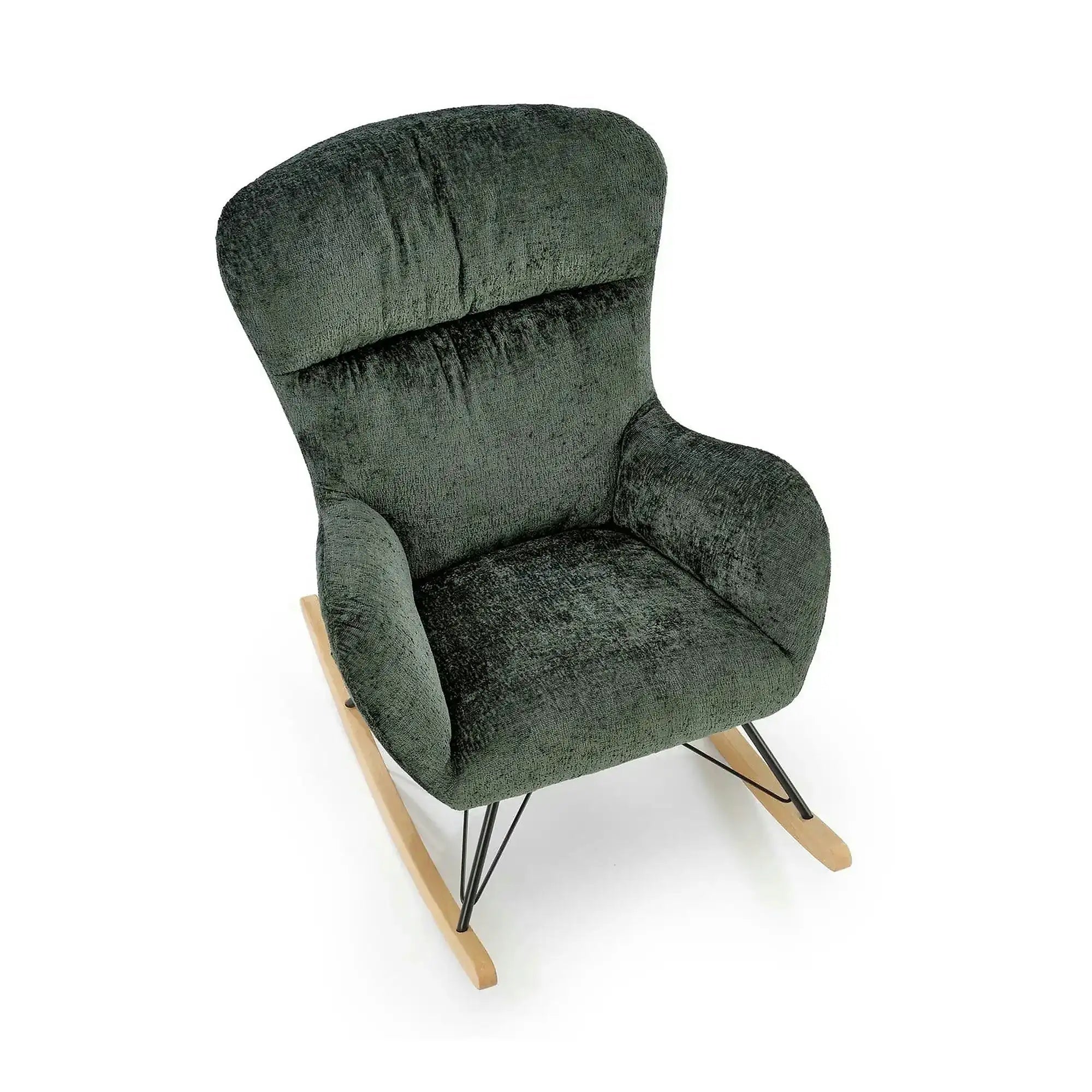 Fotoliu balansoar CASTRO, verde/negru/stejar, stofa catifelata/metal/lemn, 77x106x92 cm