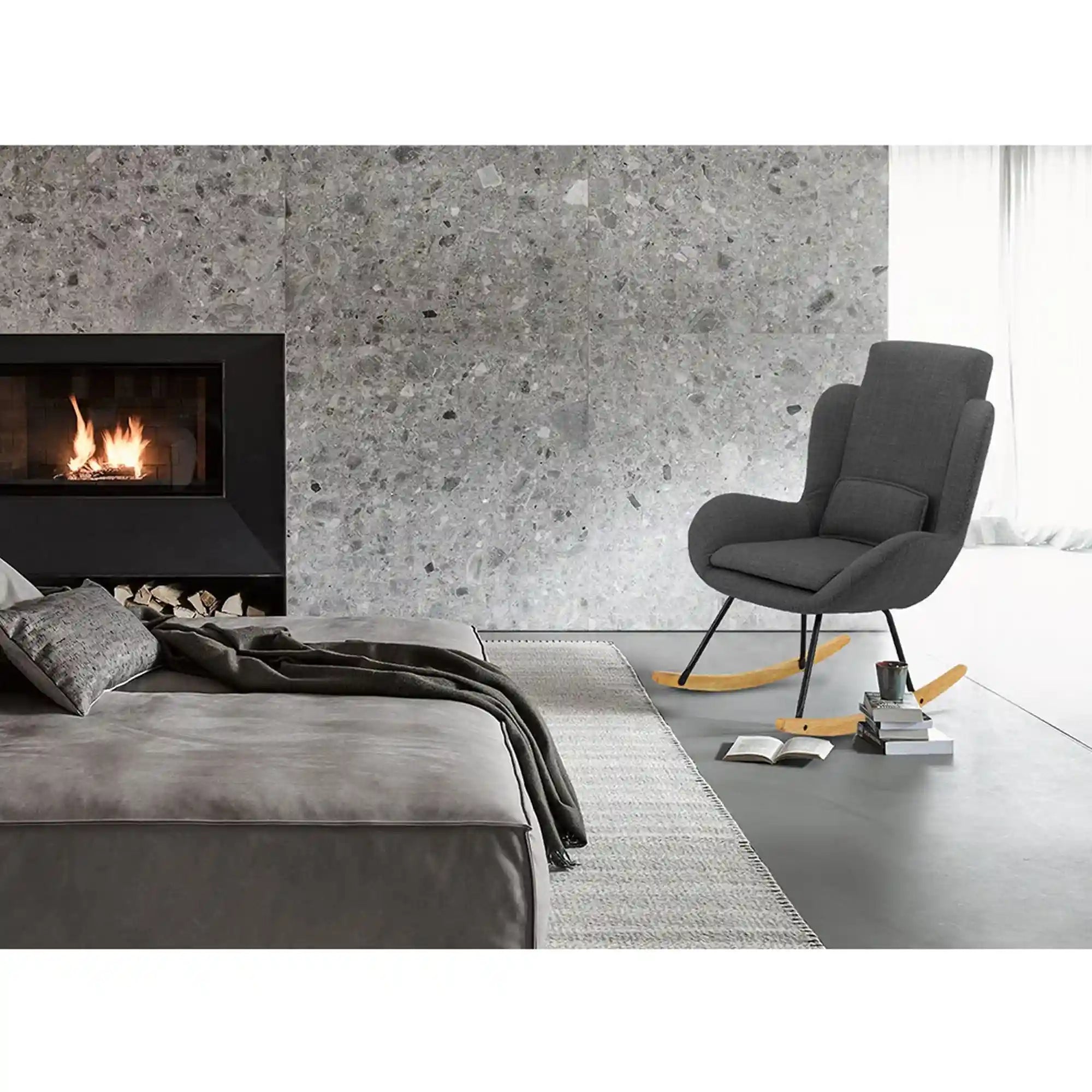 Fotoliu balansoar HARPER, metal/lemn/stofa clasica gri inchis/stejar, 75x83x110 cm