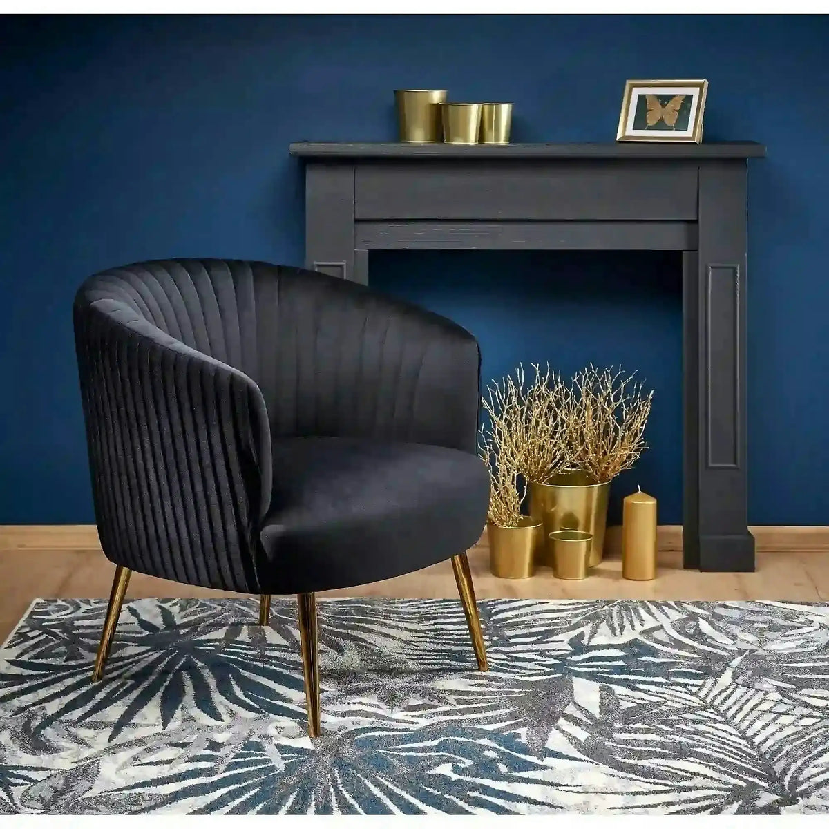 Fotoliu cafenea CROWN, negru/auriu, stofa catifelata/otel, 78x72x80 cm