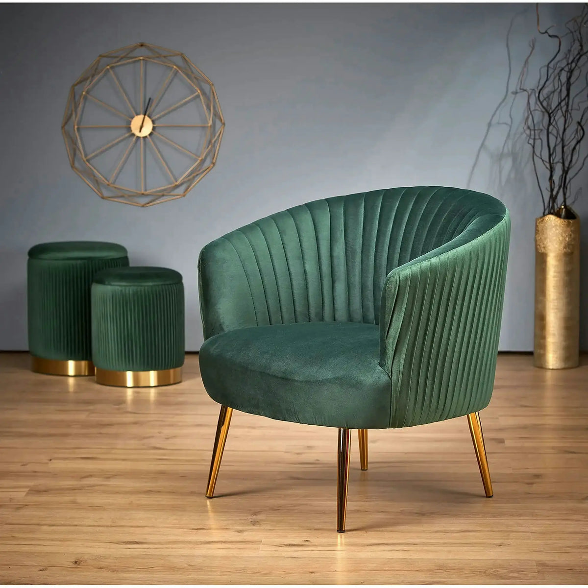 Fotoliu cafenea CROWN, verde inchis/auriu, stofa catifelata/otel, 78x72x80 cm