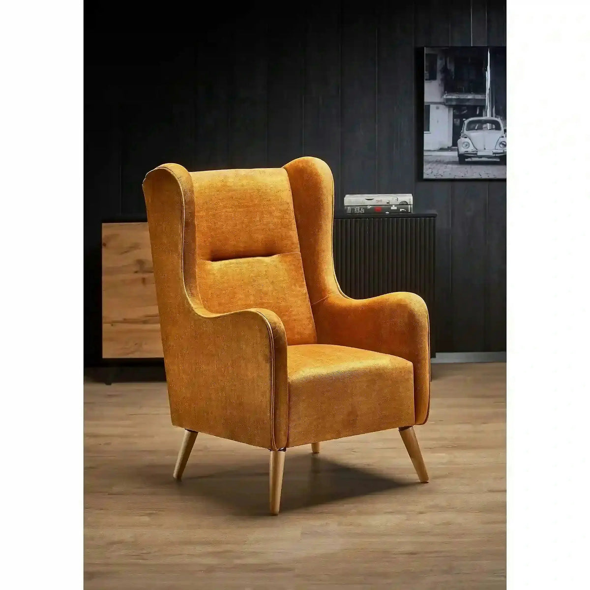 Fotoliu CHESTER 2, galben/stejar, stofa catifelata/lemn, 67x85x114 cm
