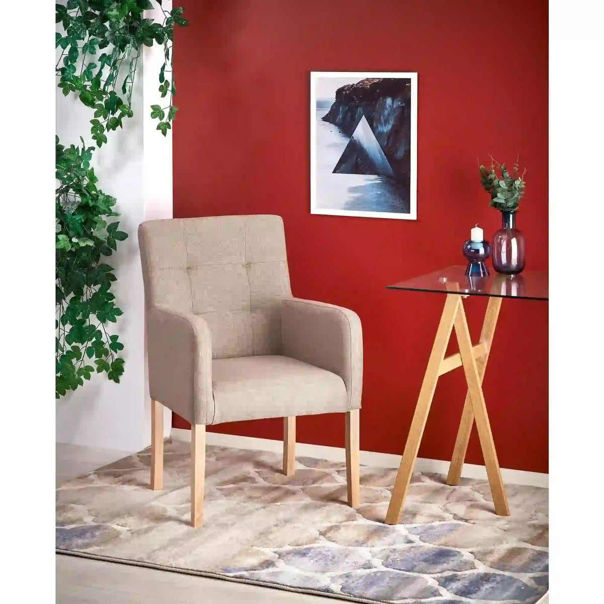 Fotoliu FILO, bej/stejar miere, stofa clasica/lemn, 60x62x92 cm