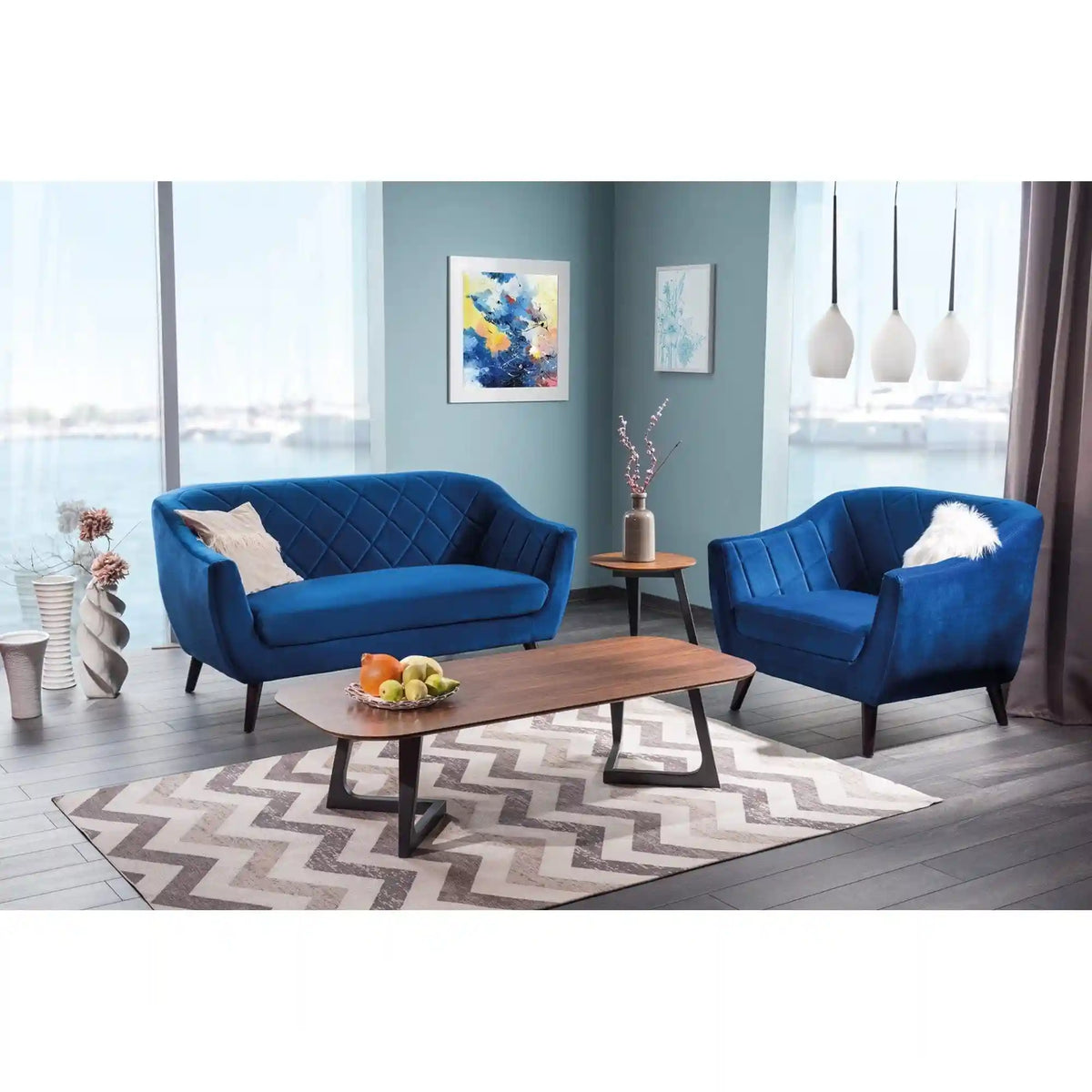 Fotoliu MOLLY albastru marin/wenge, stofa catifelata/lemn, 105x85x83 cm