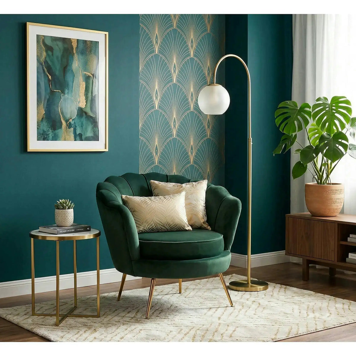 Fotoliu pentru living AMORINITO, verde inchis/auriu, stofa catifelata/otel, 81x77x77 cm