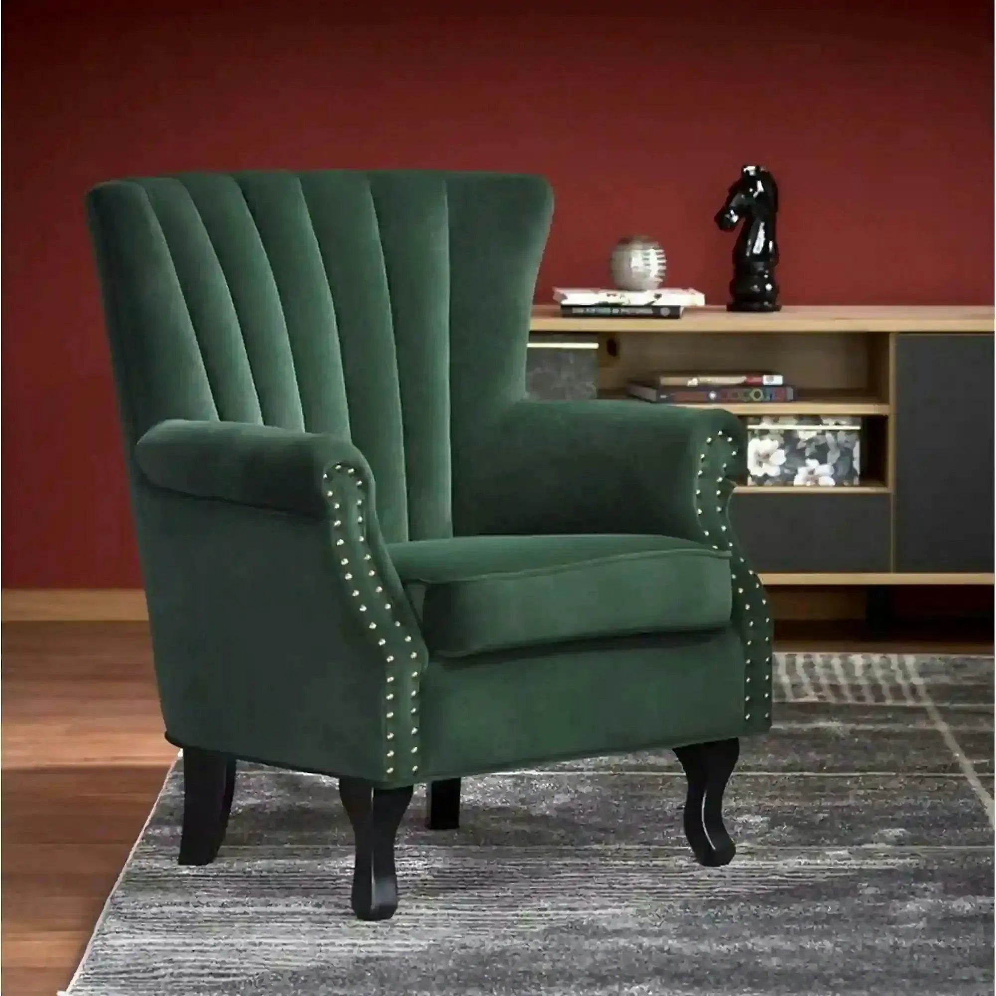 Fotoliu pentru living TITAN, verde inchis/negru, stofa catifelata/lemn, 73x70x87 cm
