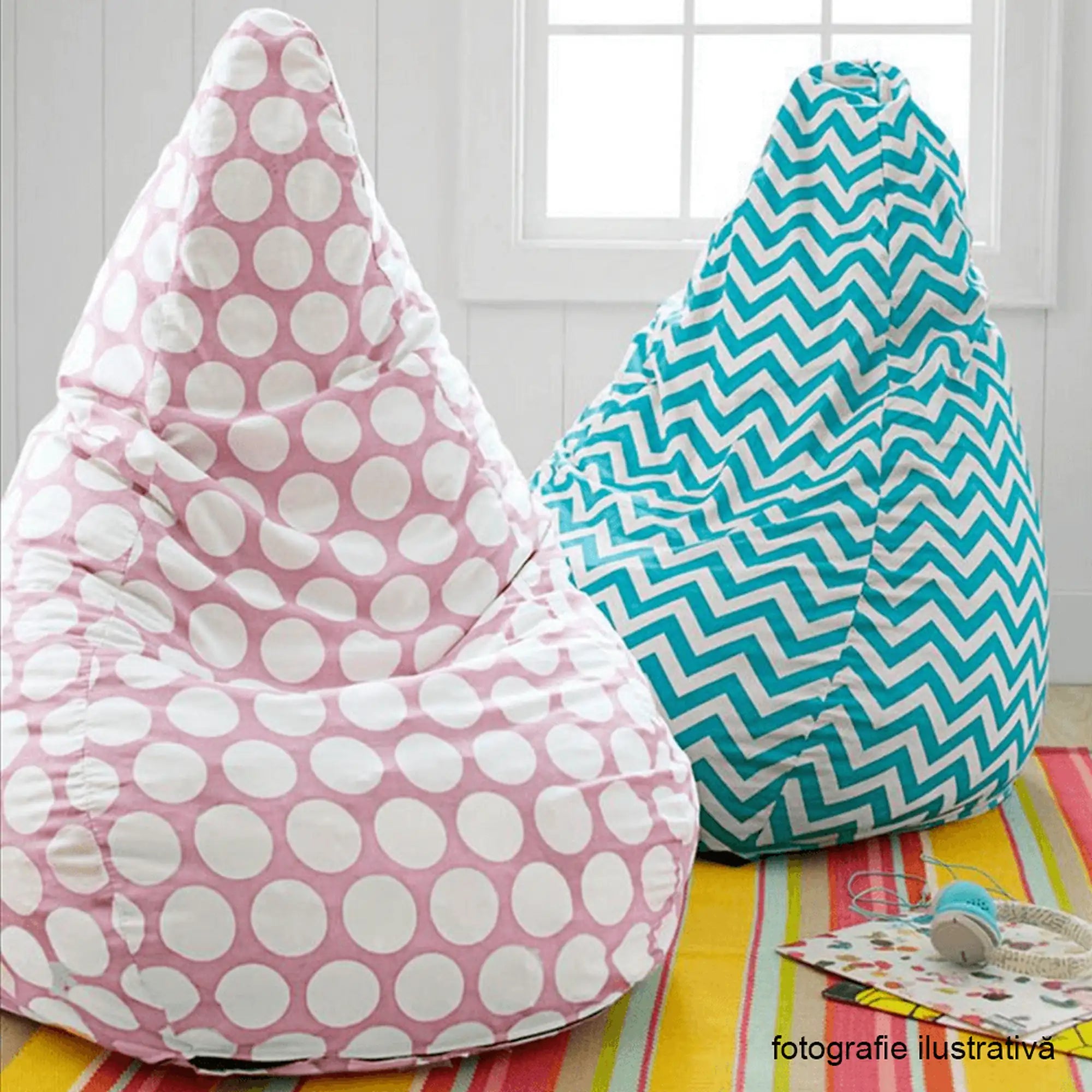 Fotoliu puf TELDIN, alb/turcoaz, material textil, 75x110 cm