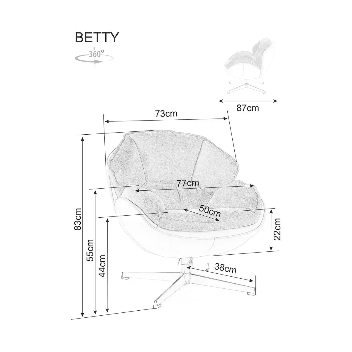 Fotoliu pufos rotativ BETTY, bej/negru, stofa clasica/metal, 73x87x83 cm