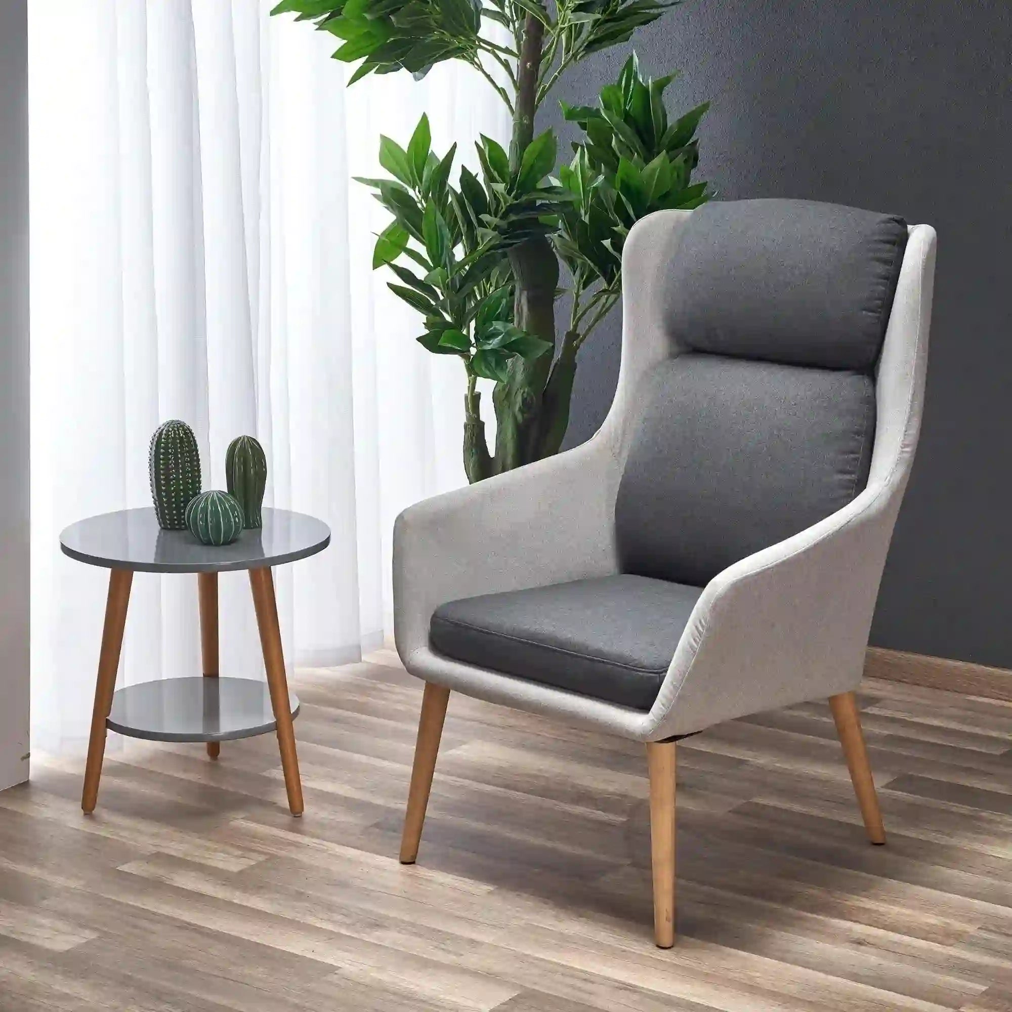 Fotoliu PURIO, gri/stejar, stofa/lemn, 67x75x103 cm