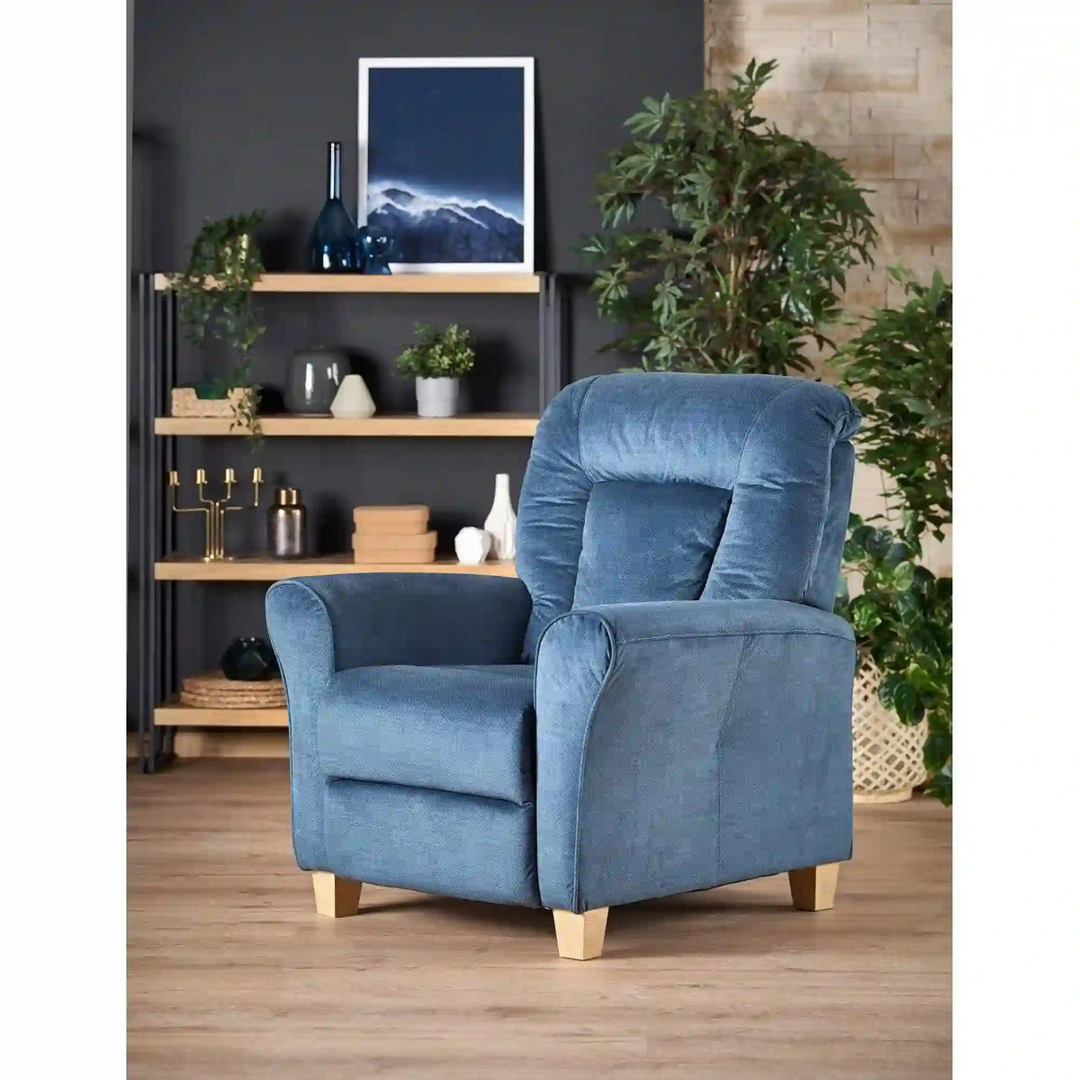 Fotoliu rabatabil BARD, albastru inchis/stejar, stofa/lemn, 90x90/158x76/102 cm