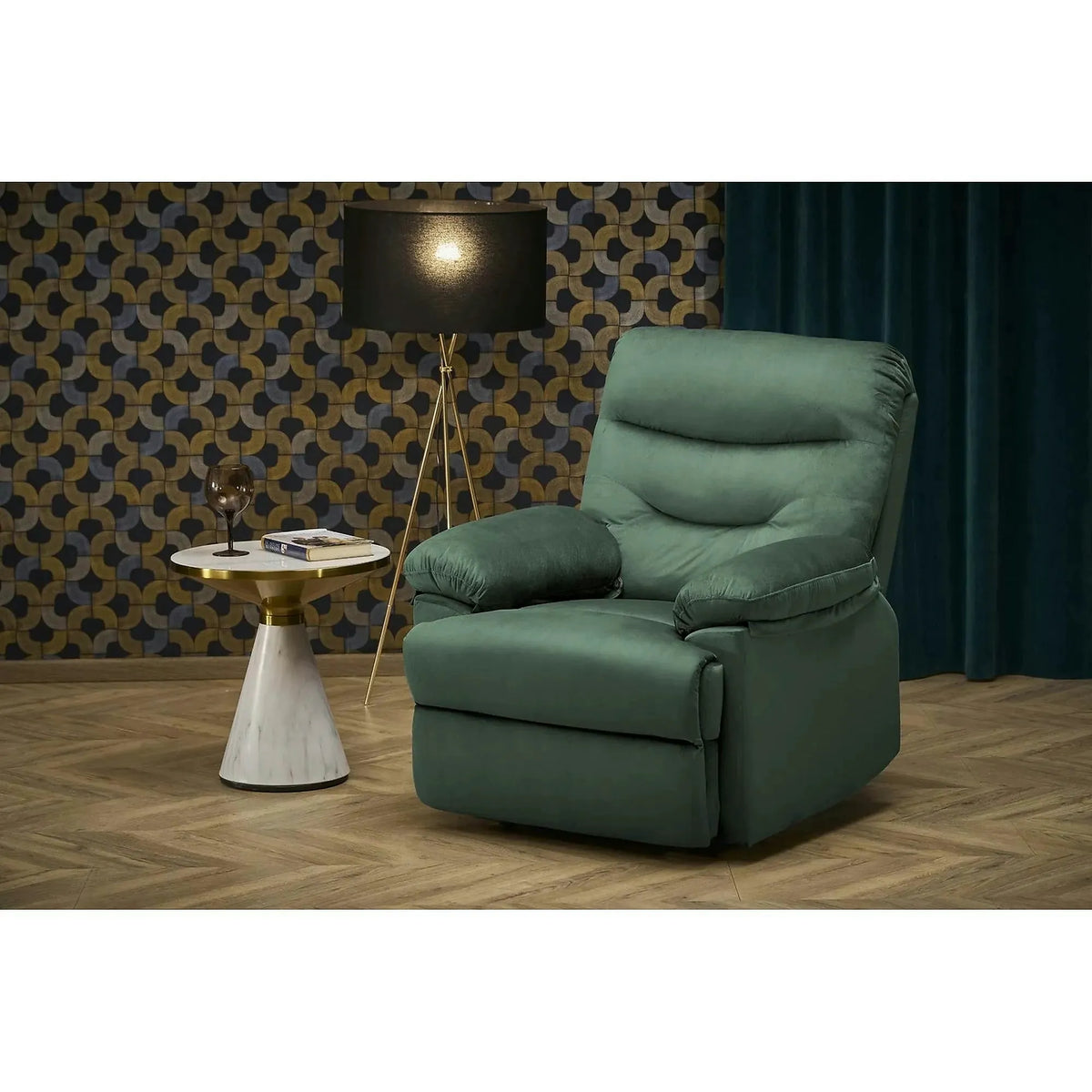 Fotoliu rabatabil DRAGER, verde inchis/negru, stofa catifelata/metal, 88x90/160x105 cm
