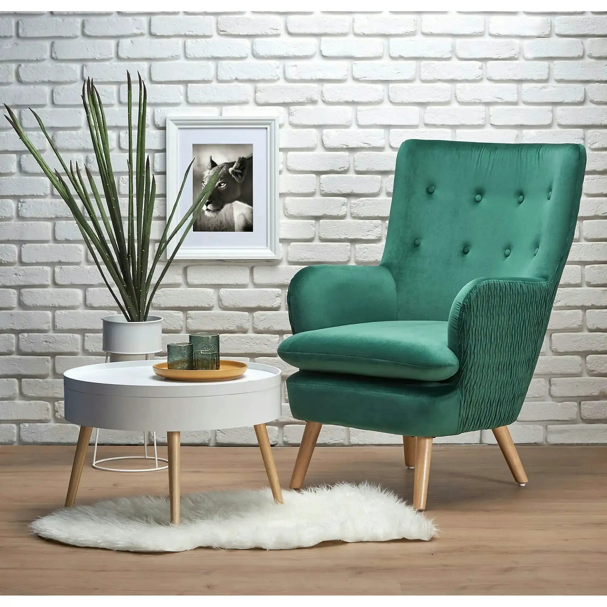 Fotoliu RAVEL, verde inchis/stejar natural, stofa catifelata/lemn, 70x78x100 cm