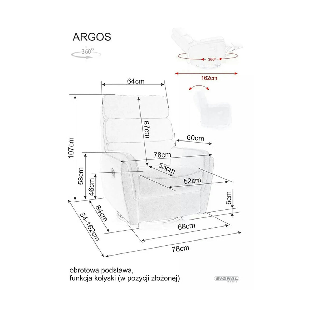 Fotoliu recliner ARGOS, stofa catifelata gri - Bluvel 14, 78x84/162x107 cm
