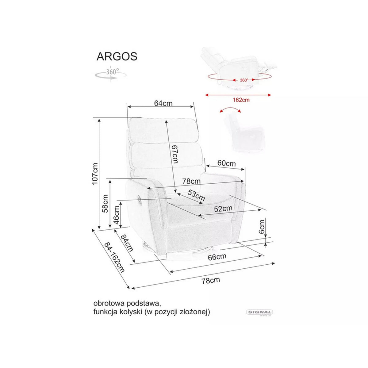 Fotoliu recliner ARGOS, stofa catifelata gri - Bluvel 14, 78x84/162x107 cm