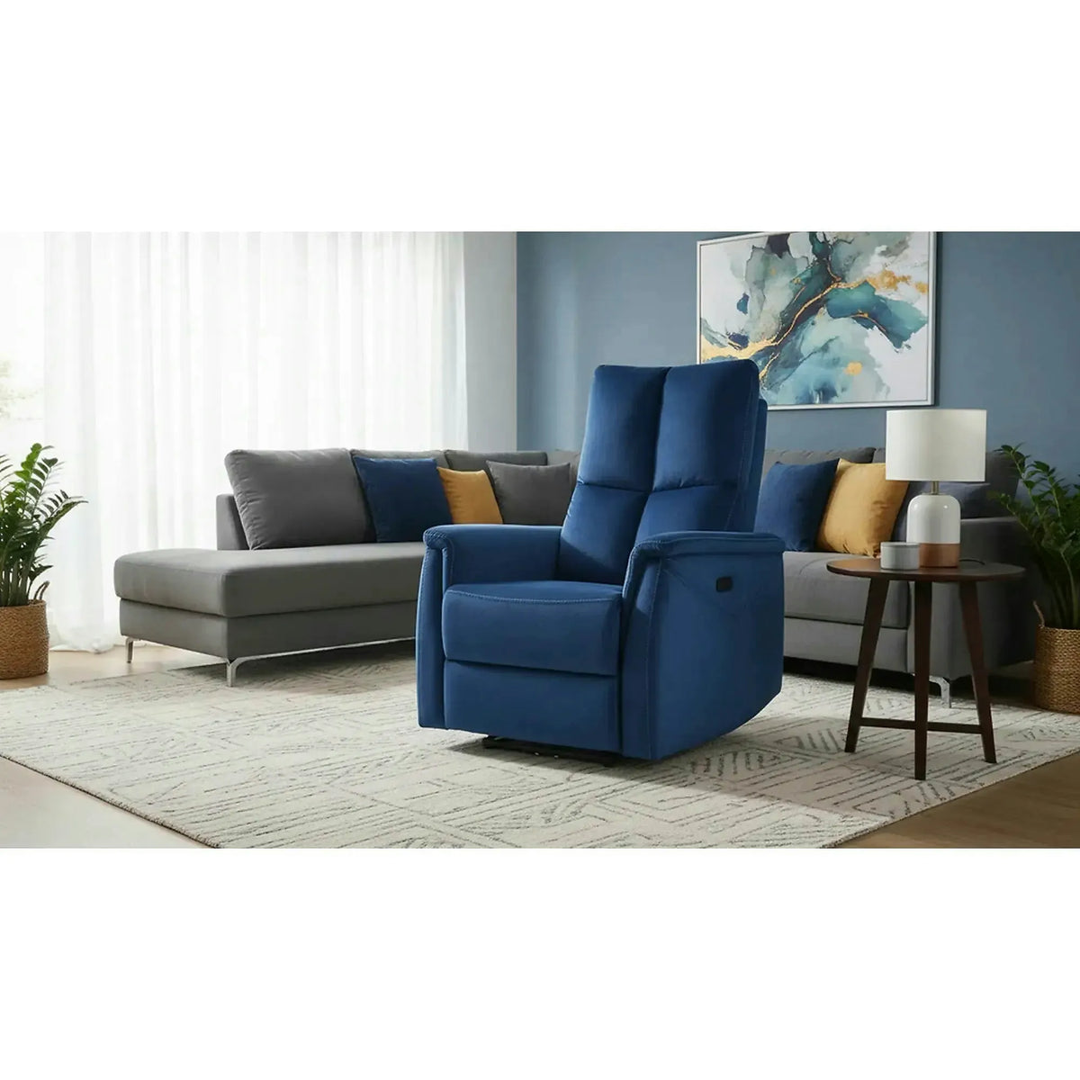 Fotoliu recliner cu functie de masaj NEPTUN M, stofa catifelata albastru - Bluvel 86, 76x94/160x96 cm