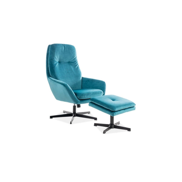 Fotoliu recliner cu taburet FORD, turcoaz/negru, stofa catifelata/metal