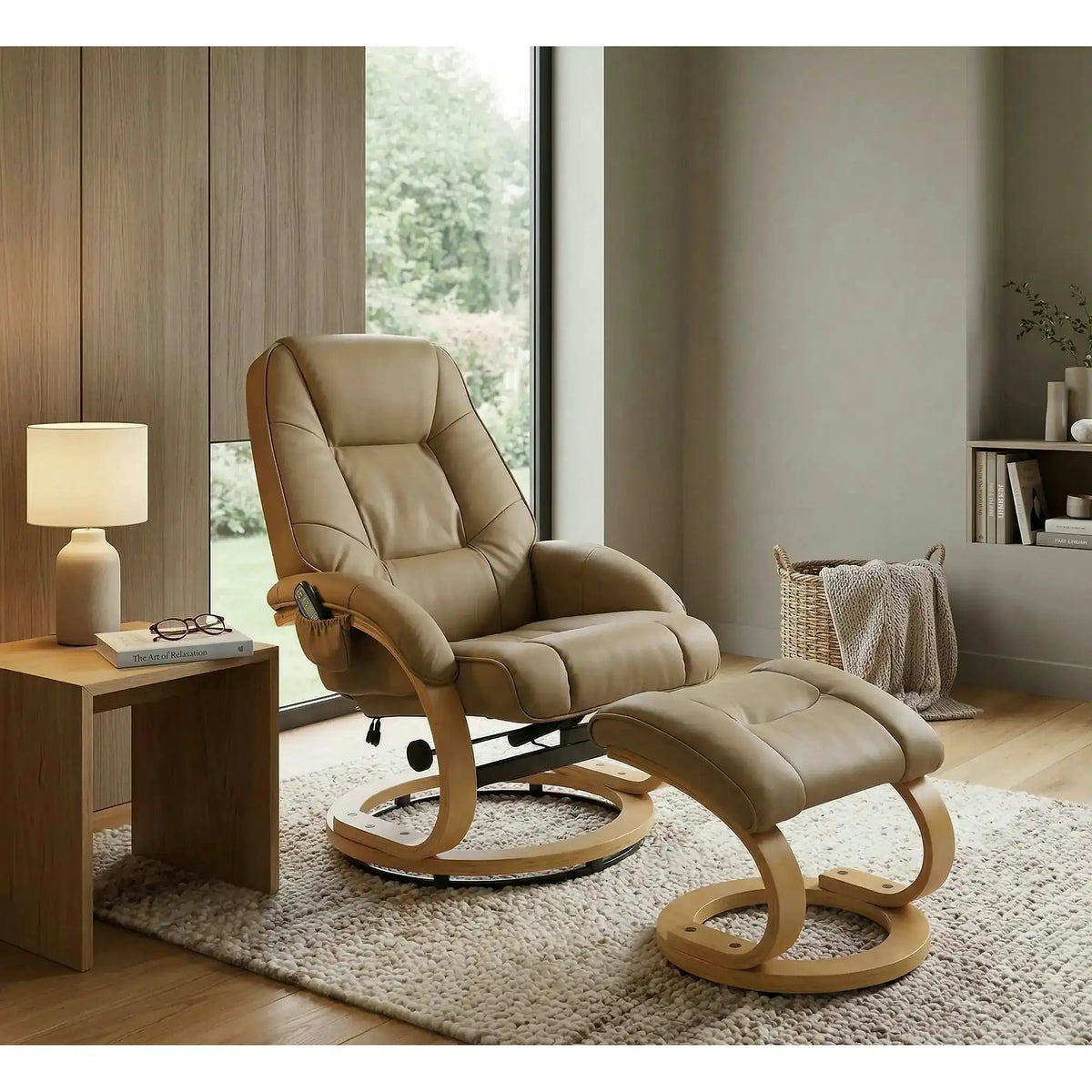 Fotoliu recliner cu taburet MATADOR, bej/stejar, piele ecologica/lemn