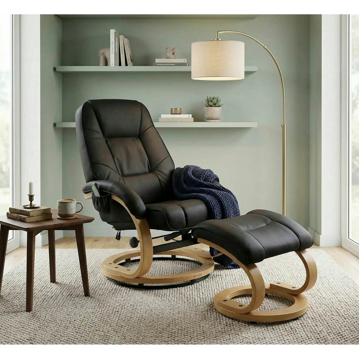 Fotoliu recliner cu taburet MATADOR, negru/stejar, piele ecologica/lemn