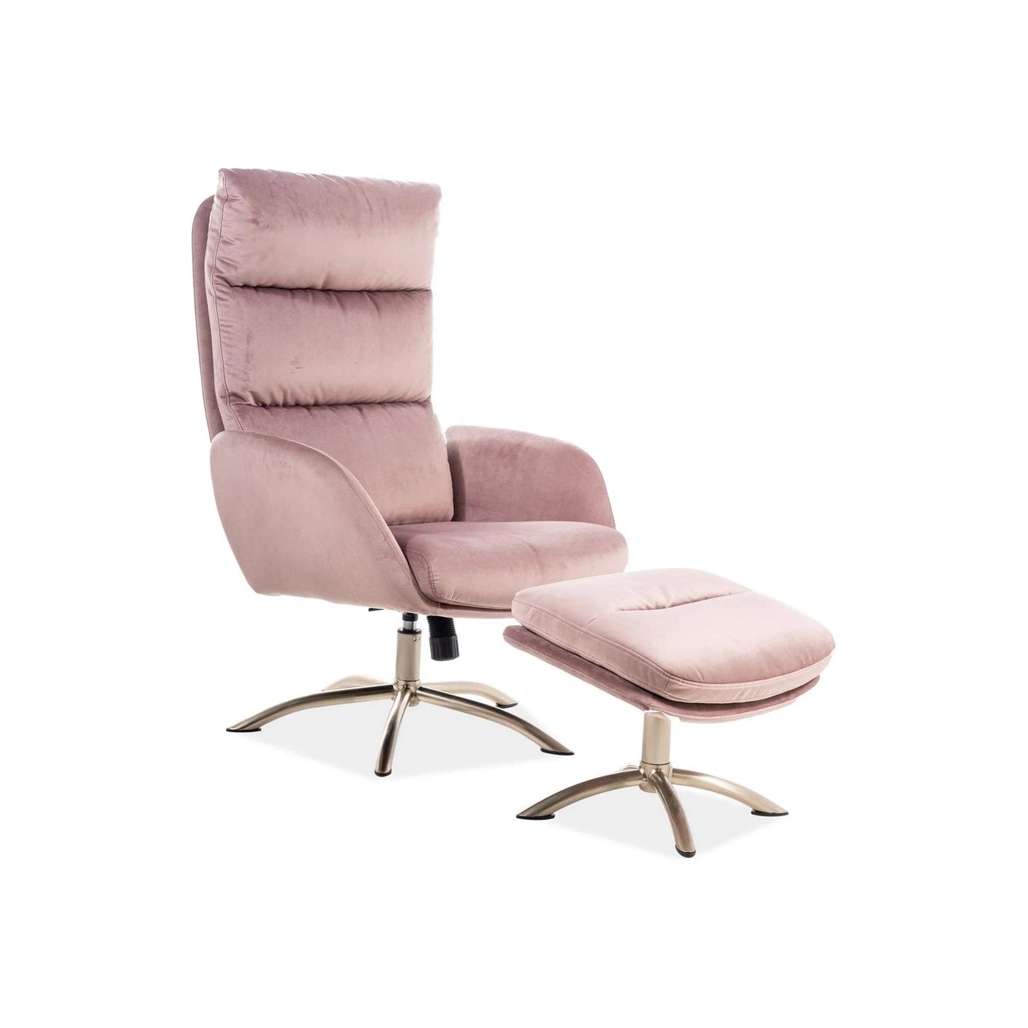 Fotoliu recliner cu taburet MONROE, roz antic/crom, stofa catifelata/metal