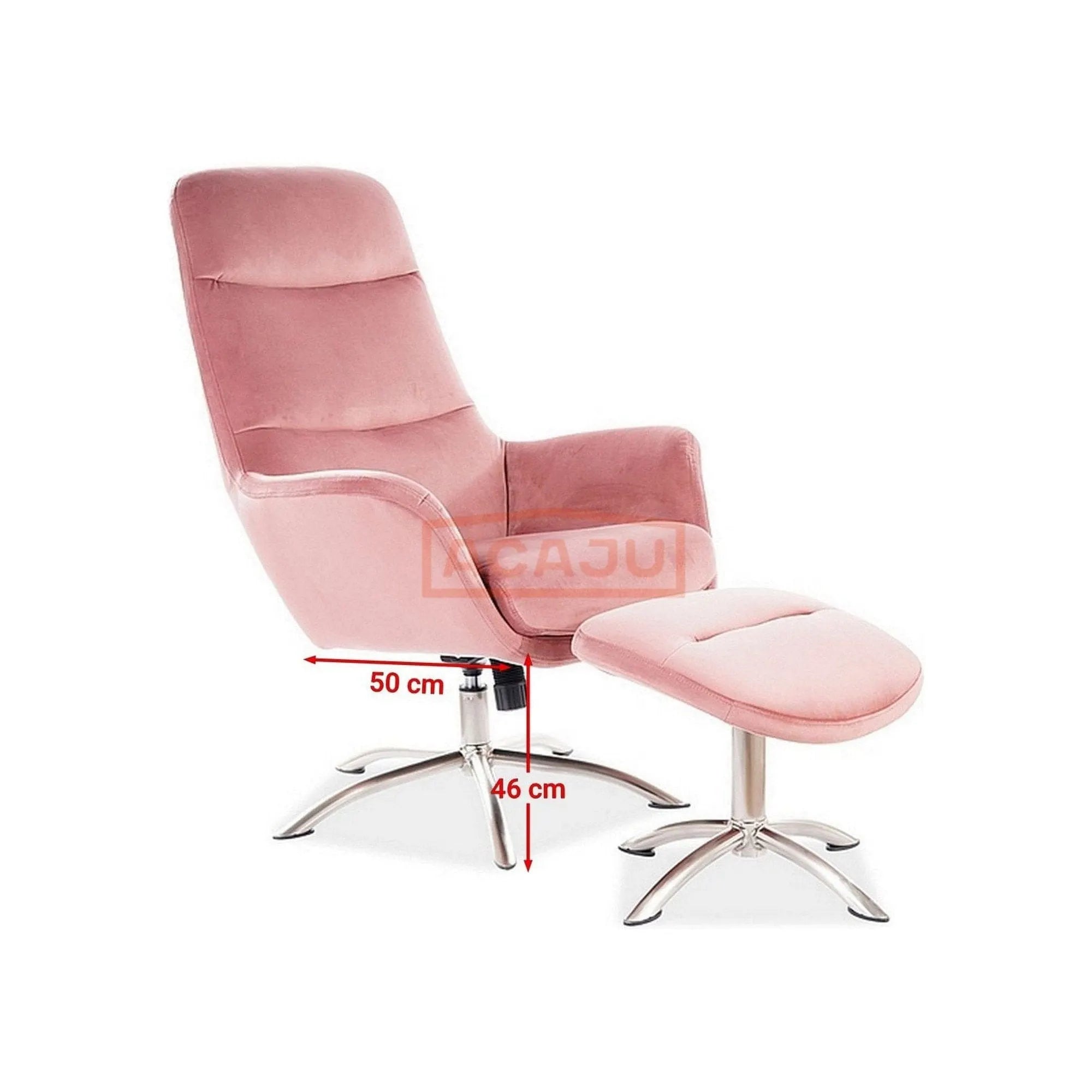 Fotoliu recliner cu taburet NIXON, roz pudra/crom, stofa catifelata/metal