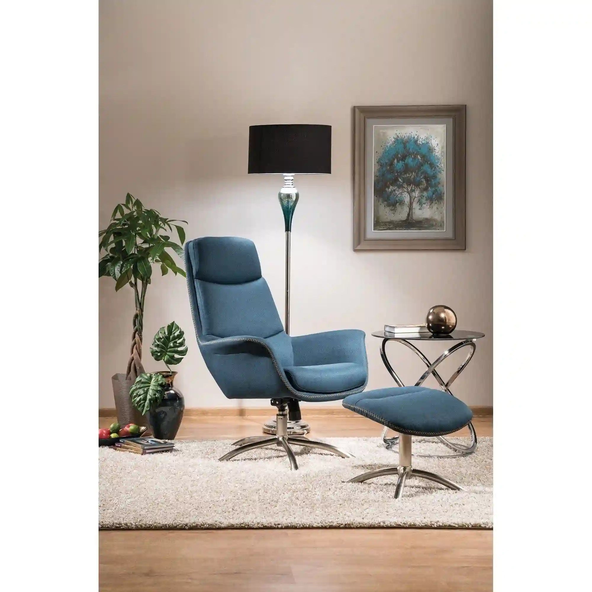 Fotoliu recliner cu taburet REGAN, albastru inchis/crom, stofa/metal