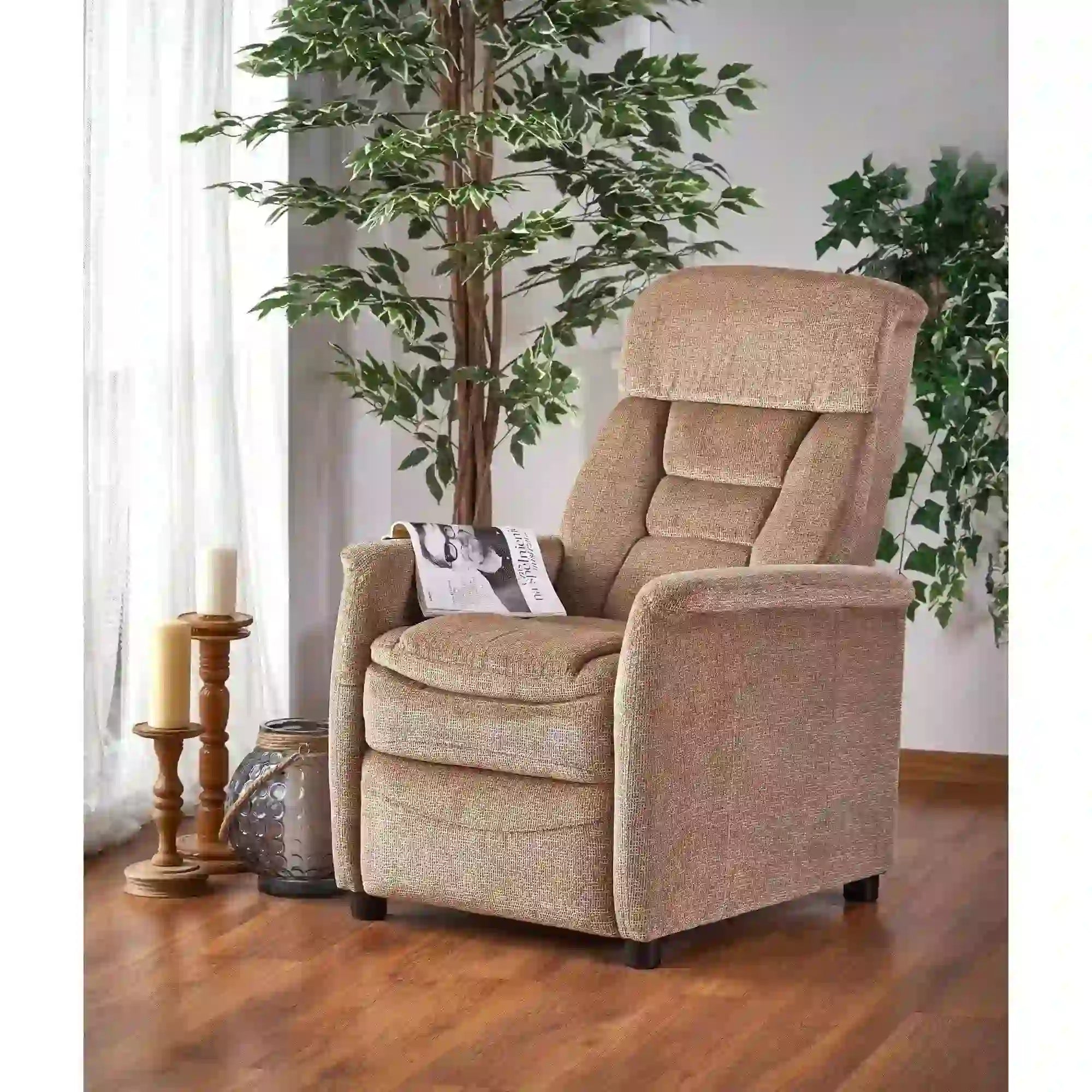 Fotoliu recliner JORDAN, bej/negru, stofa/plastic, 71x85/155x79/106 cm