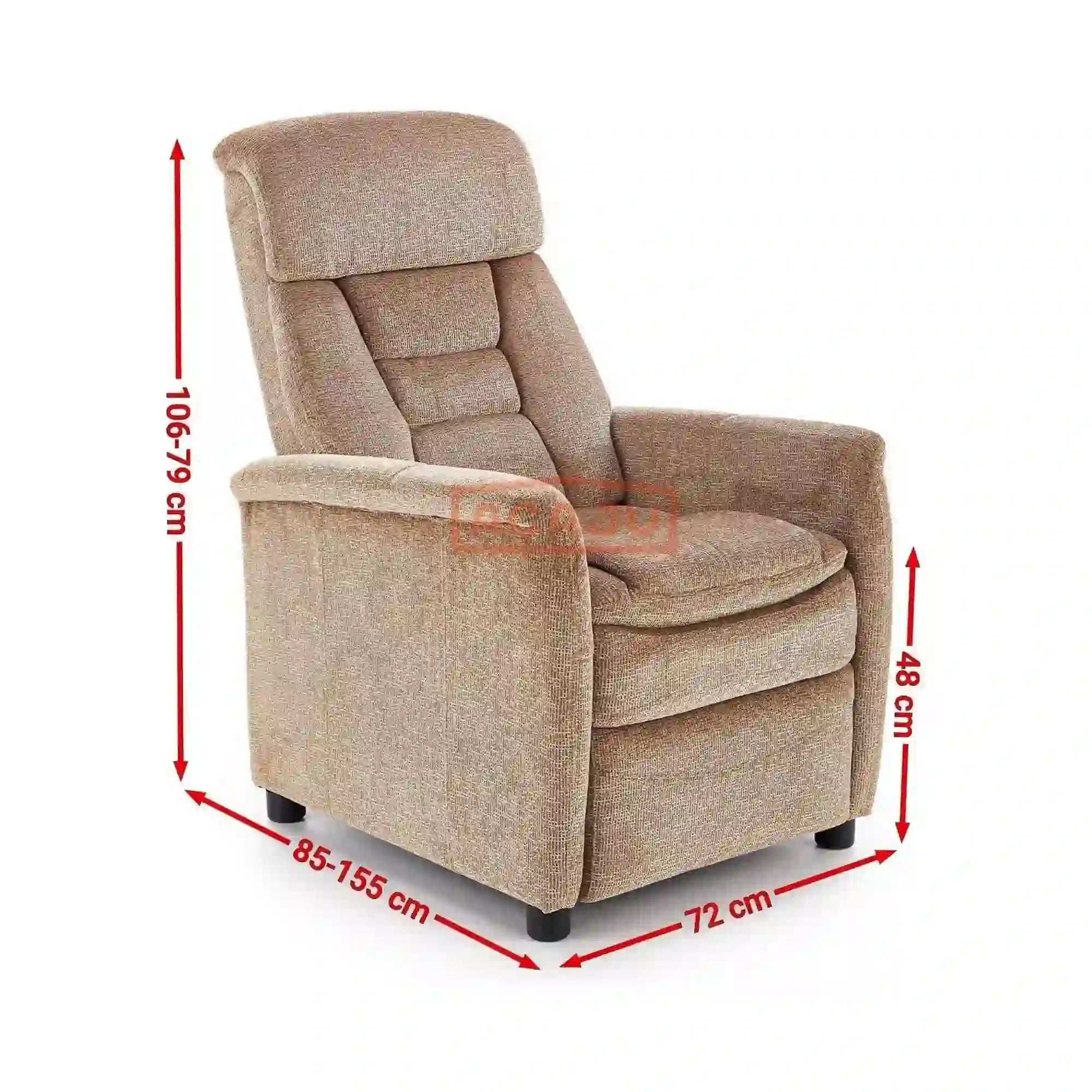 Fotoliu recliner JORDAN, gri/negru, stofa/plastic, 71x85/155x79/106 cm
