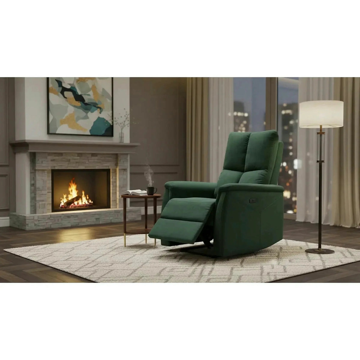Fotoliu recliner NEPTUN M, verde inchis, stofa catifelata/metal, functie de masaj, 76x94/160x96 cm