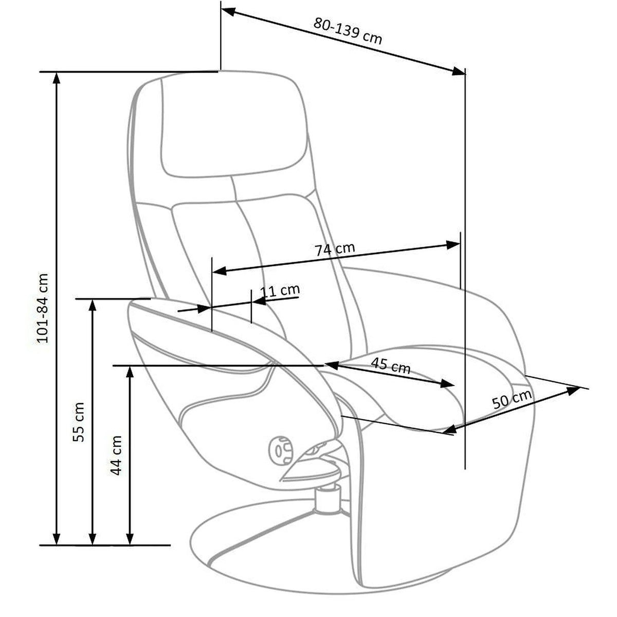 Fotoliu recliner OPTIMA, gri, piele ecologica/metal, 77x80/139x101/84 cm
