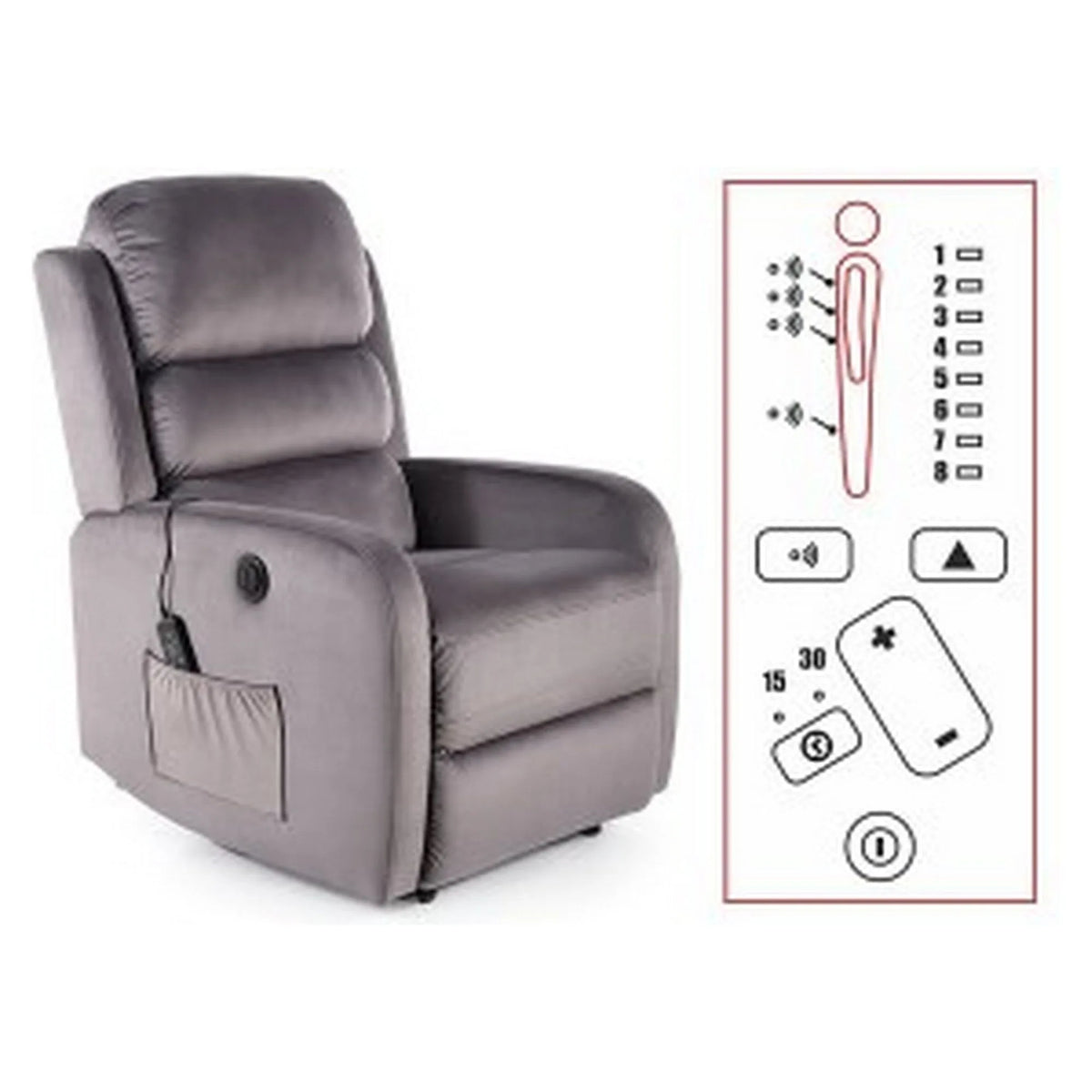 Fotoliu recliner PEGAZ M, gri/negru, stofa catifelata/metal, 64x88/160x102 cm