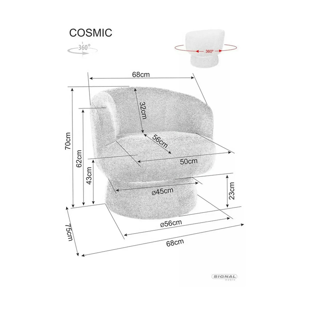 Fotoliu rotativ COSMIC, stofa clasica gri - Raven 13, 68x75x70 cm