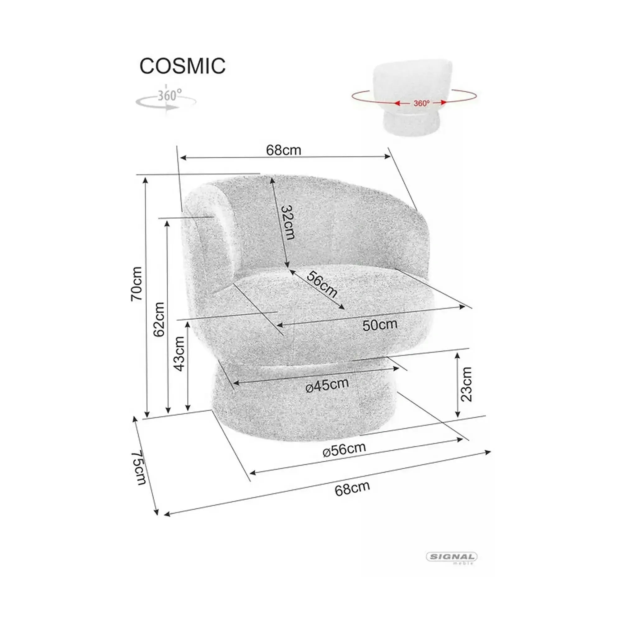 Fotoliu rotativ COSMIC, stofa clasica gri - Raven 13, 68x75x70 cm