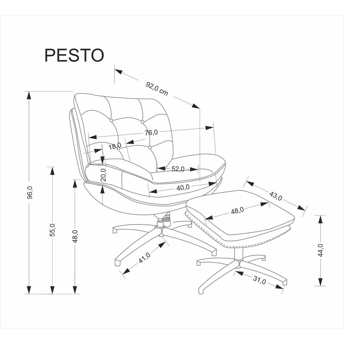 Fotoliu rotativ cu taburet PESTO, bej/negru, stofa clasica/metal, 76x92x96 cm