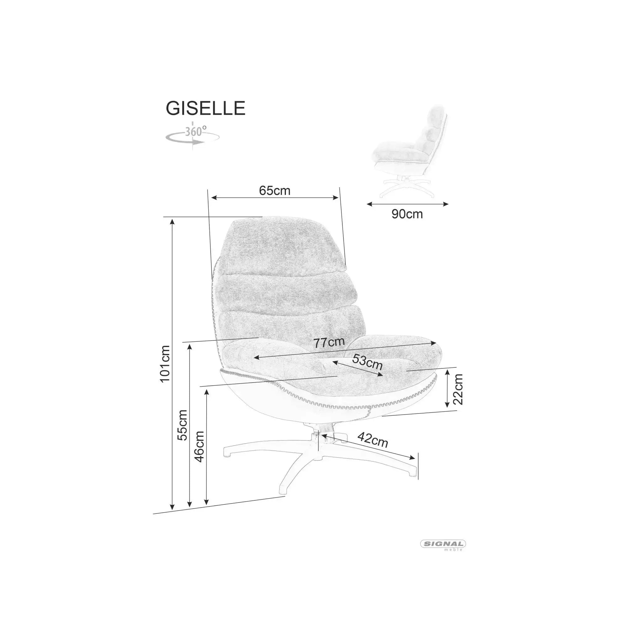 Fotoliu rotativ GISELLE, gri, stofa/piele ecologica/metal, 77x90x101 cm