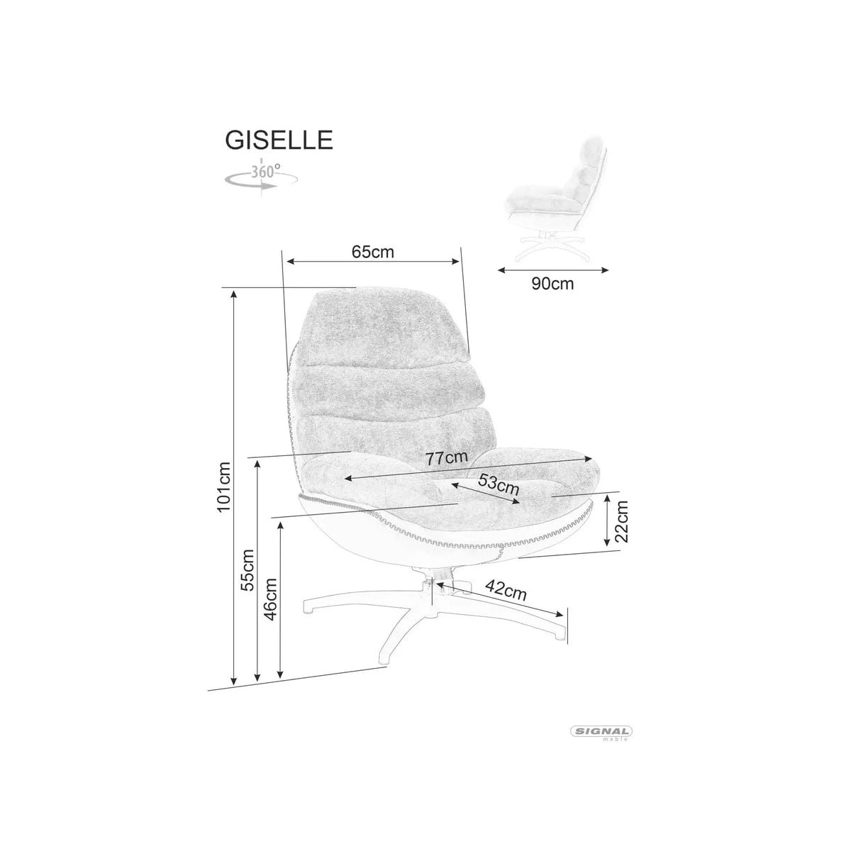 Fotoliu rotativ GISELLE, negru, stofa/piele ecologica/metal, 77x90x101 cm
