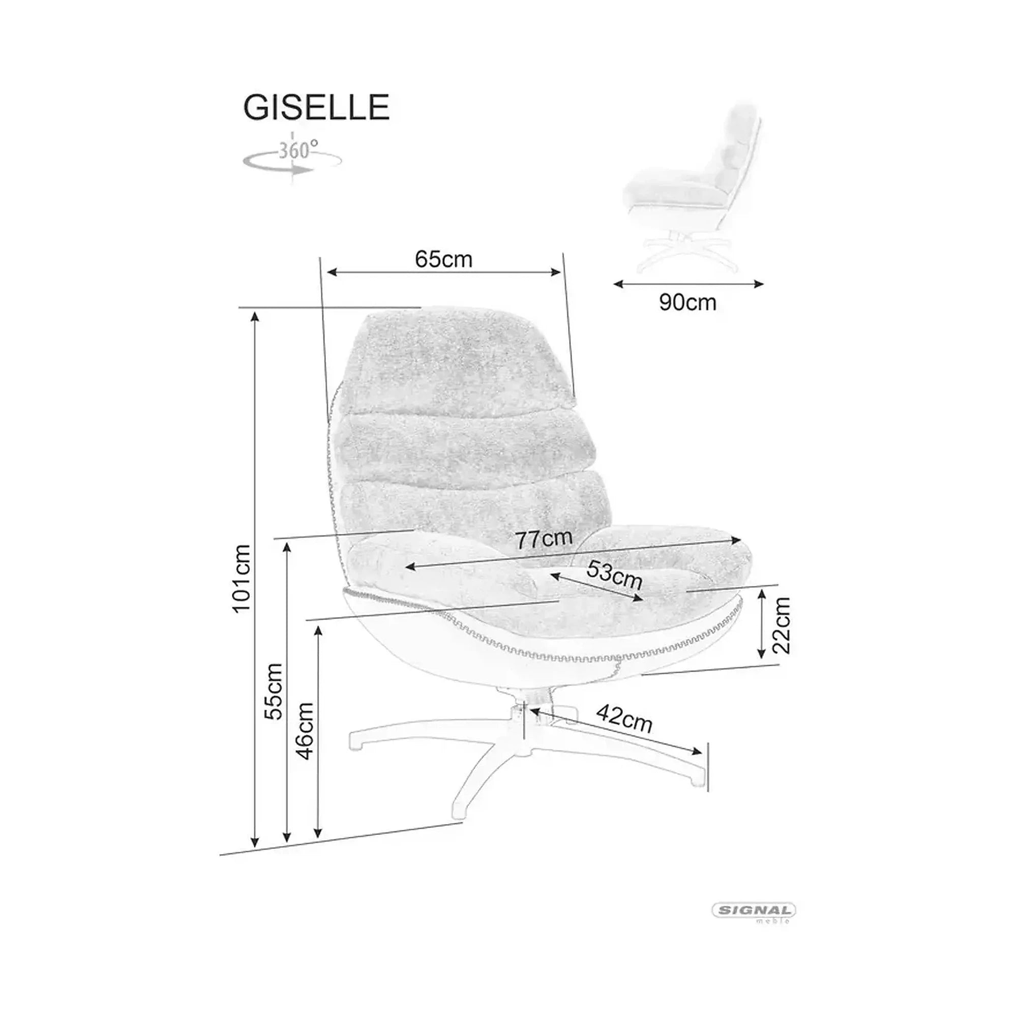 Fotoliu rotativ GISELLE, roz/bej, stofa clasica/piele ecologica/metal, 77x90x101 cm