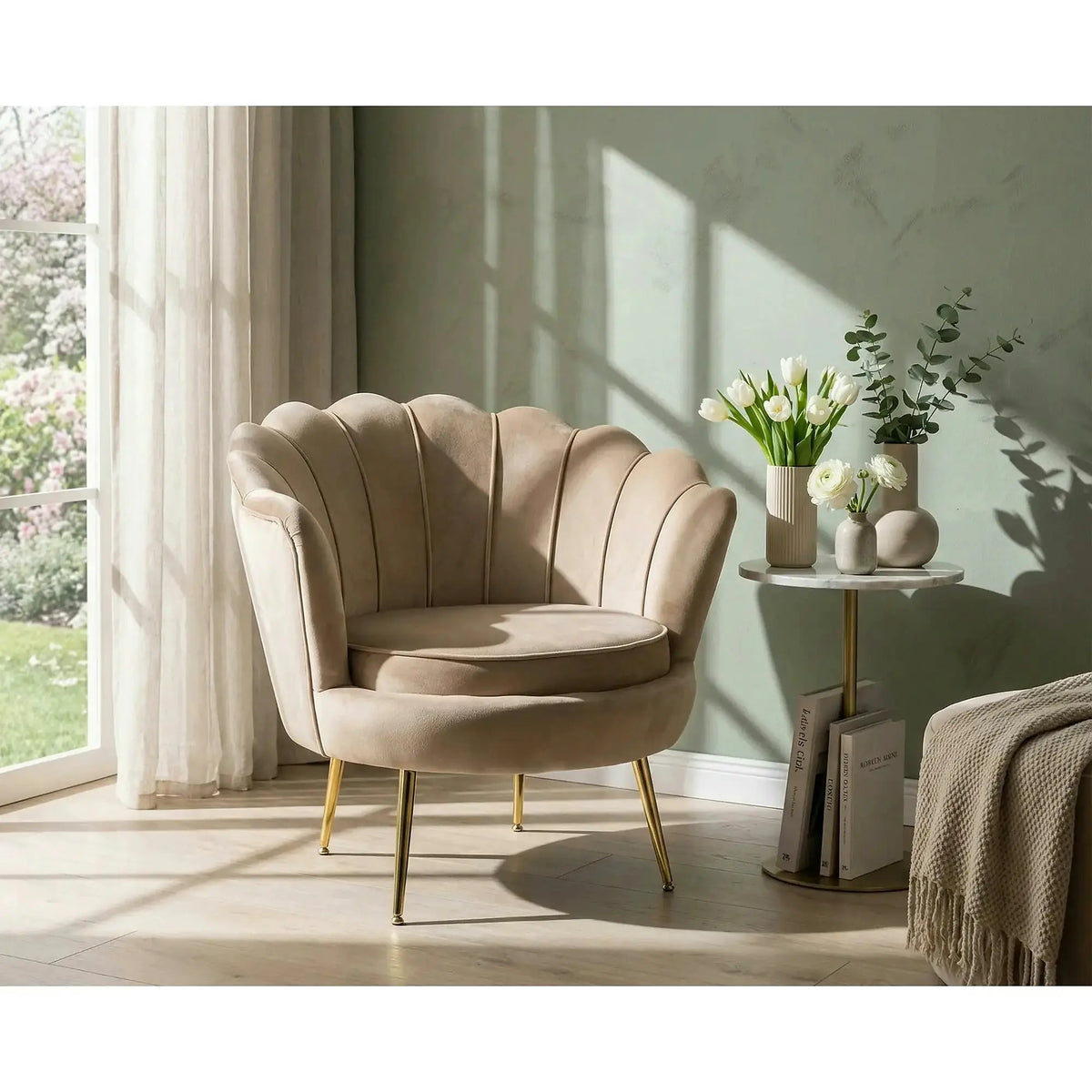 Fotoliu scoica CAMELLIA 1, stofa catifelata bej - Bluvel 28, 81x76x77 cm
