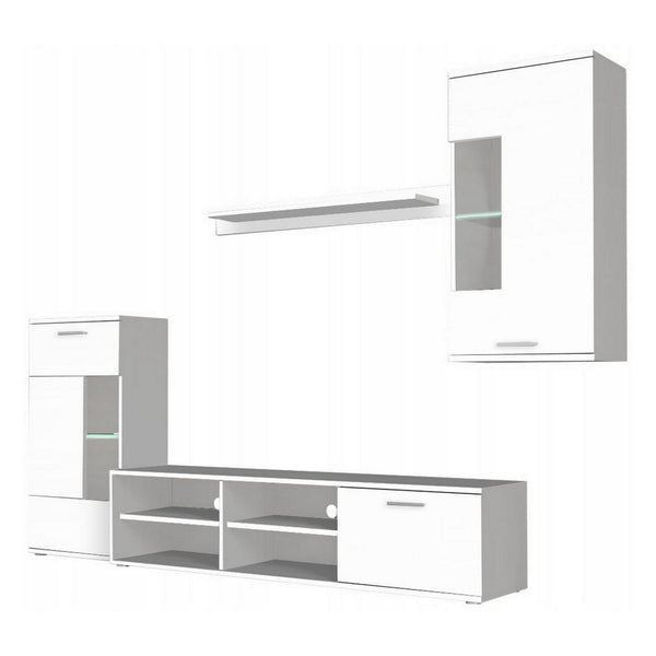 Mobilier living FRONTAL 1 NEW, alb, DTD/sticla, cu iluminare LED, 4 piese, 230x39x190 cm