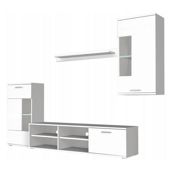 Mobilier living FRONTAL 1 NEW, alb, DTD/sticla, cu iluminare LED, 4 piese, 230x39x190 cm