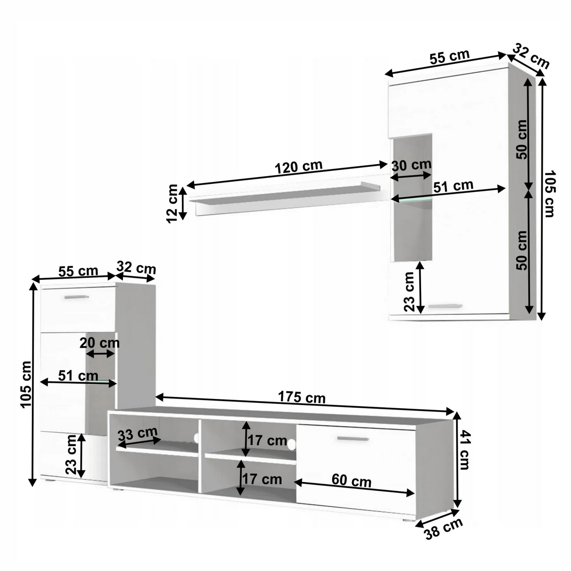 Mobilier living FRONTAL 1 NEW, alb, DTD/sticla, cu iluminare LED, 4 piese, 230x39x190 cm