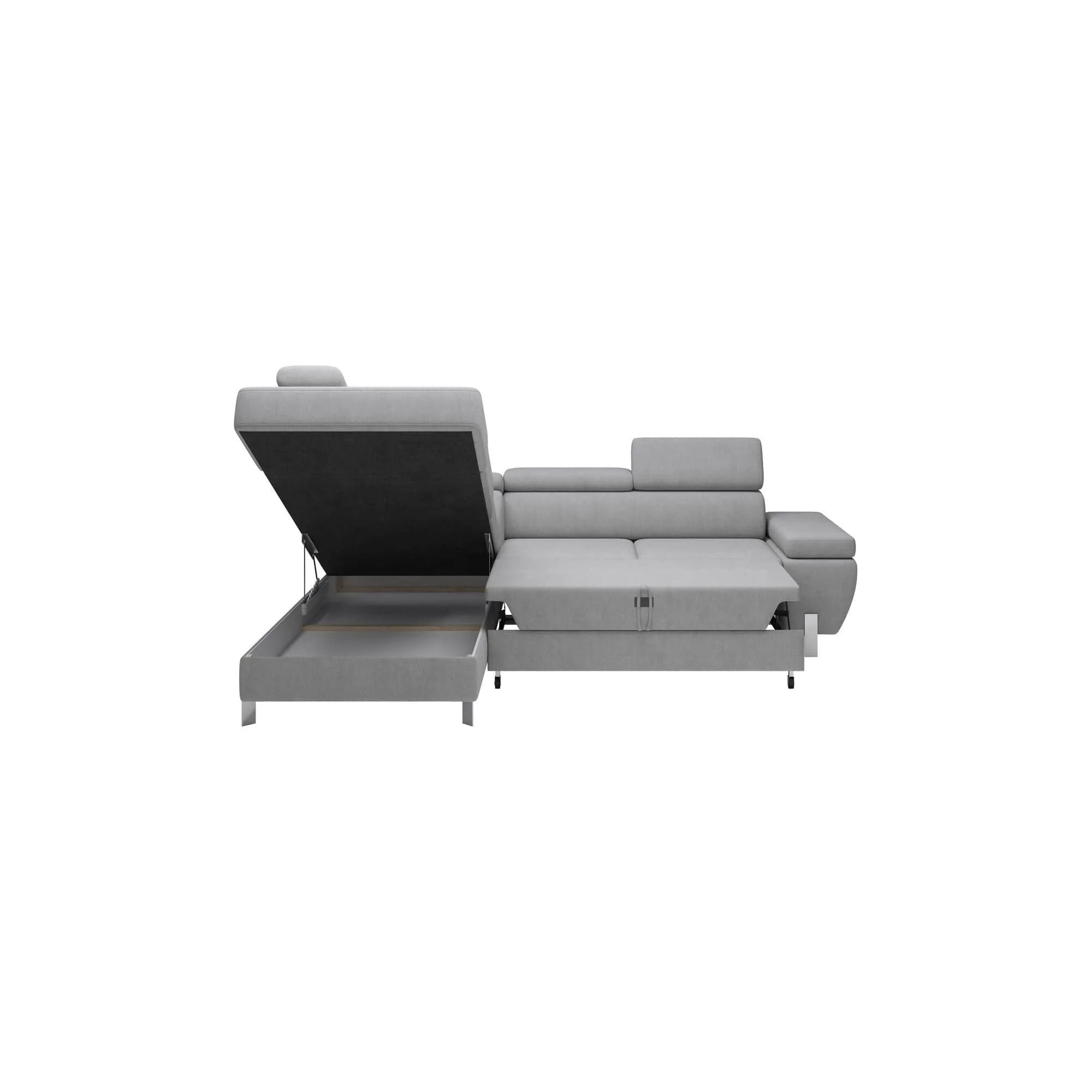 Coltar extensibil MOLINA L, personalizabil materiale gama Premium, cu lada depozitare si tetiere reglabile, 263x210x90 cm