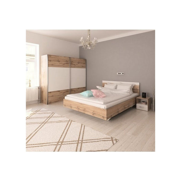Set dormitor GABRIELA NEW, stejar wotan/alb, pat 180x200 cm, dulap cu 2 usi si 2 noptiere