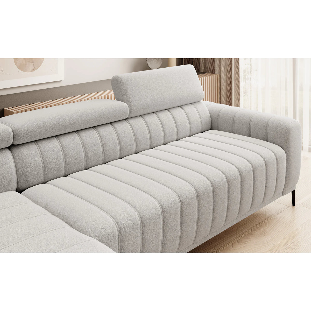 Coltar extensibil stofa catifelata GANDI 120, sezlong stanga, stofa verde - Riviera 38, Gama Premium, cu lada depozitare si tetiere reglabile, 261x204x99 cm