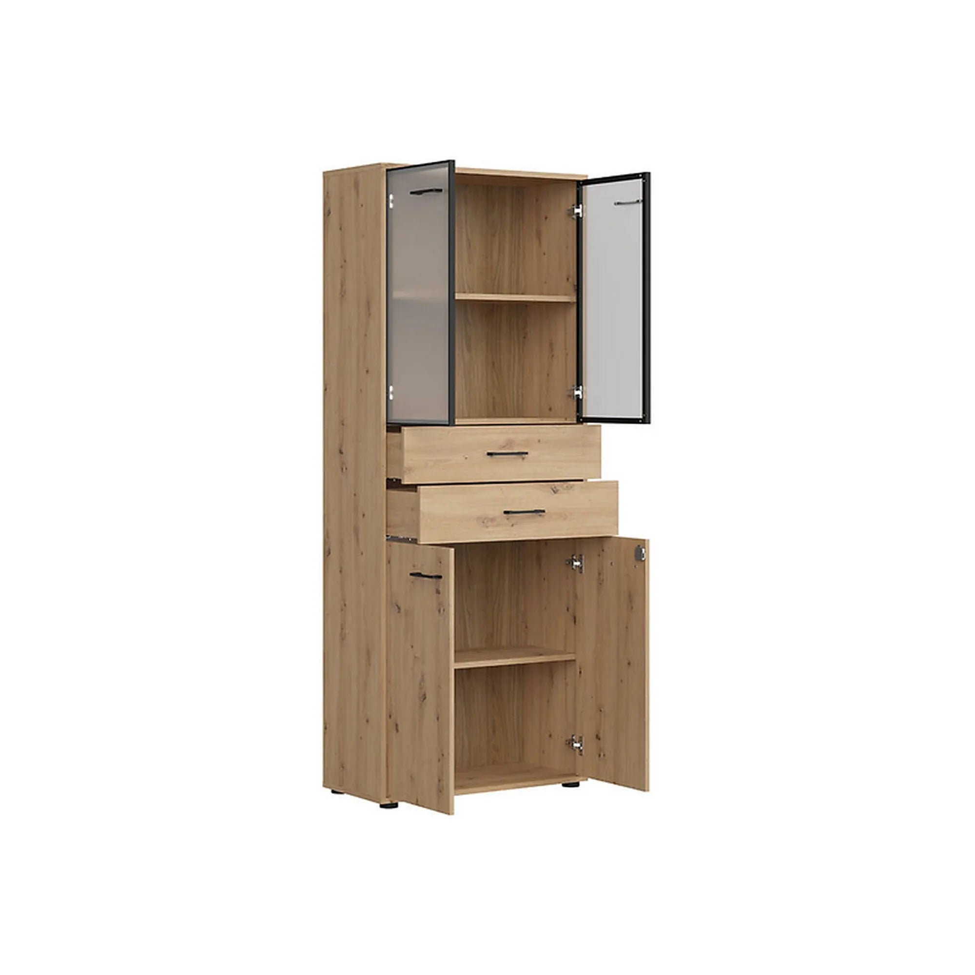 Vitrina SPACE OFFICE, stejar artisan/negru fumuriu, PAL laminat/sticla, cu 4 usi si 2 sertare, 80x38x203 cm