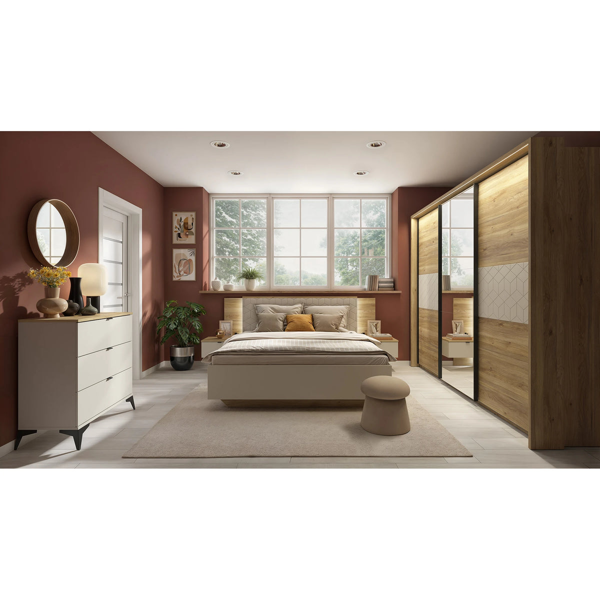 Set dormitor GLAMOUR, casmir/stejar, pat 160x200, dulap cu 3 usi, 2 noptiere si o comoda
